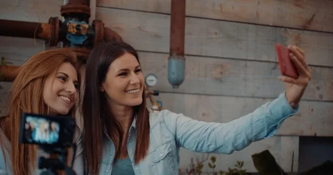 Four friends doing a vlog video together. Shot in slow motion Stock Footage 117185782