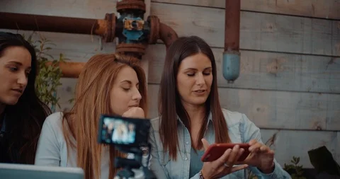 Four friends doing a vlog video together. Shot in slow motion Stock Footage 118069648