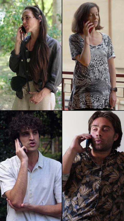 Four friends in a split screen talk on their phones Stock Footage 308016991