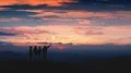 The four friends standing on a mountain against the sunrise. time lapse 4k or 4k+ Resolution