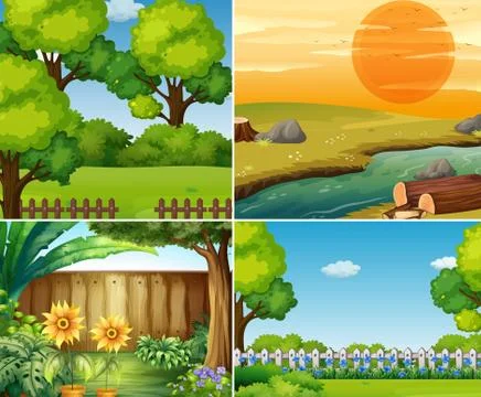 Four garden scenes with trees Stock Illustration