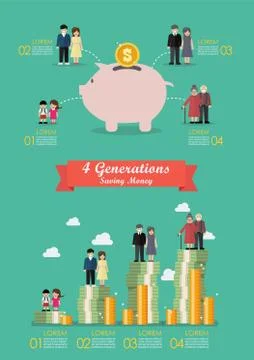 Four generation saving money collection infographic Stock Illustration