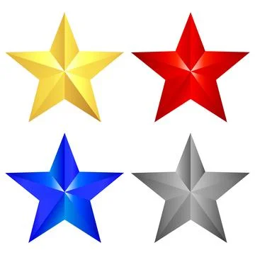 Four glossy three dimensional five pointed stars one gold, one red, one blu.. Stock Illustration
