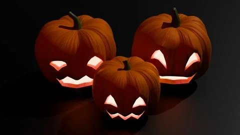 Four glowing jack o lantern pumpkins arranged on dark background Stock Illustration