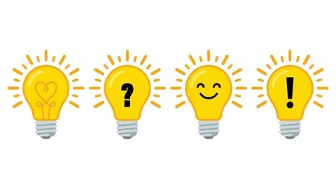 Four glowing yellow light bulb icons with different interior symbols, lightbu Stock Illustration