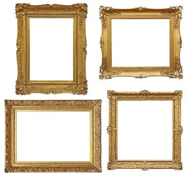 Four golden baroque empty frames isolated in white Stock Photos