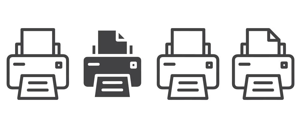Four Gray Printer in a Row line office equipment Illustrazione stock