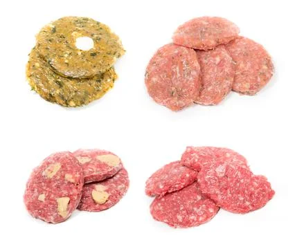 Four groups of different kind of uncooked burgers on white background Stock Photos