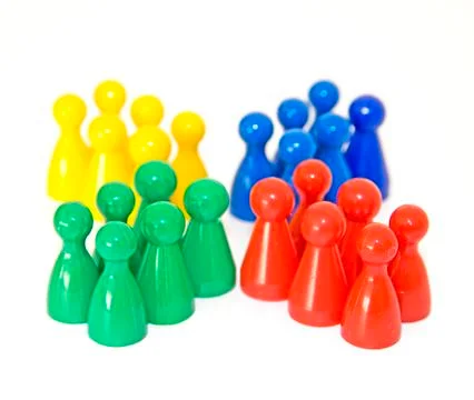 Four groups of six different colored figures isolated on white background Stock Photos