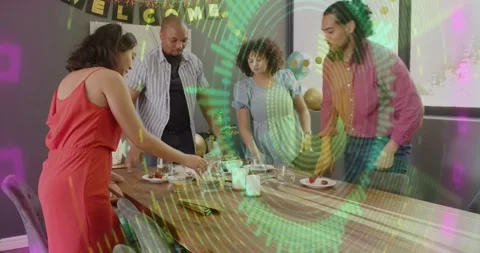 Four guests standing, clearing welcome event plates and table after talk, light Video stock 321955118