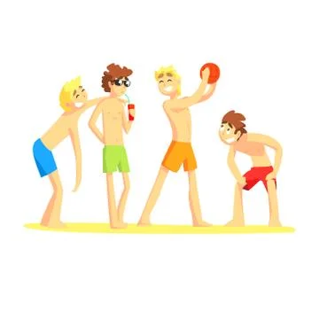Four Guys Playing Having Fun, Part Of Friends In Summer On The Beach Series Of Stock Illustration