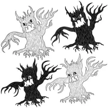 Four Halloween angry evil tree Illustrazione stock