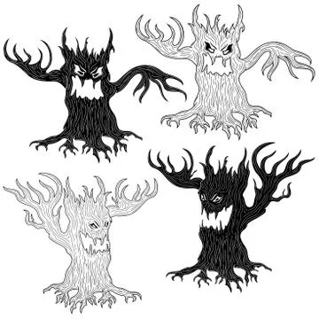 Four Halloween evil tree Illustrazione stock