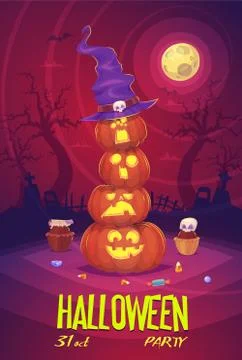 Four Halloween pumpkins on Moon background. illustration Stock Illustration