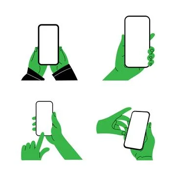 Four hands holding a smartphone in different positions. Stock Illustration