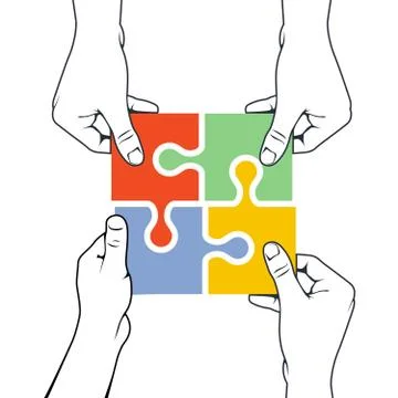 Four hands joining puzzle piece - association and merger concept Stock Illustration