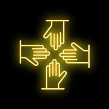Four hands joining together forming a cross neon sign Stock Illustration