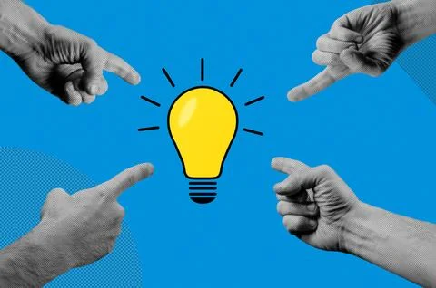 Four hands with lightbulb, halftone collage. Brainstorm concept. 写真素材