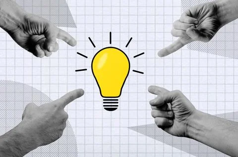 Four hands with lightbulb, halftone collage. Brainstorm concept. 写真素材