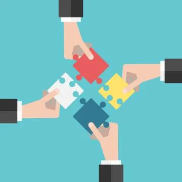 Four hands putting puzzles Stock Illustration