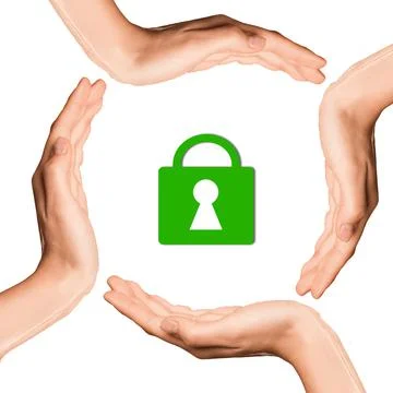 Four handsaround a lock icon, symbolizing information security in focus. イラスト素材