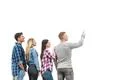 The four happy people stand and gesture on the white background Photo