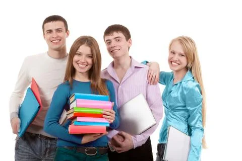 Four Happy Students ready to Study Stock Photos