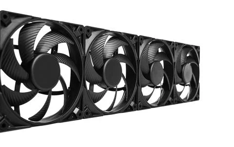 Four high-performance black PC cooling fans aligned in a row on a white Stock Photos