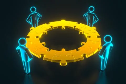 Four human 3d figures are holding pieces of a puzzle in their hands. 3d Stock Illustration