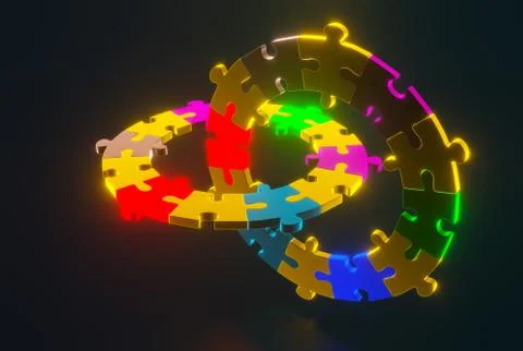 Four human 3d figures are holding pieces of a puzzle in their hands. 3d Ilustración de archivo