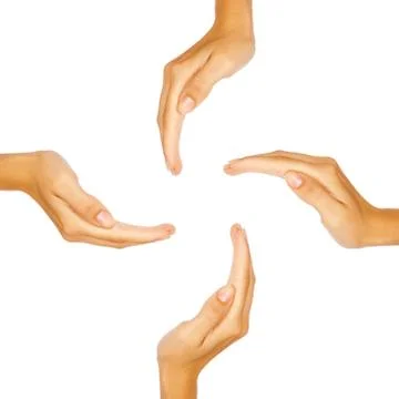 Four human hands forming a circle with copy-space in the middle Stock Illustration