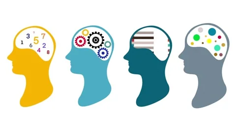 Four human profiles showing different brain activity types Stock Footage 310007506