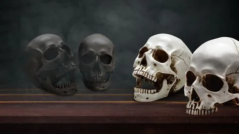 Four human skulls, two black and two white, arranged on a dark wooden table.. Stock Photos