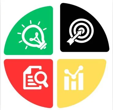 Four icons representing a lightbulb, target, magnifying glass, and network Stock Illustration