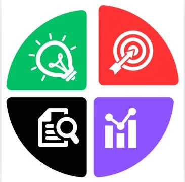 Four icons representing a lightbulb, target, magnifying glass, and network ( Stock Illustration