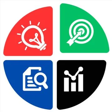 Four icons representing a lightbulb, target, magnifying glass, and network ( Stock Illustration