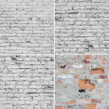 Four image of brick wall texture. Bricks painted white and old. Stock Photos