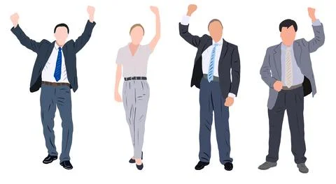 Four individuals stand on a white background with arms raised. They wear busi Stock Illustration