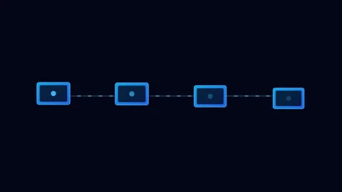 Four interconnected blue digital blocks arranged in a horizontal sequence 库存影片 338310735