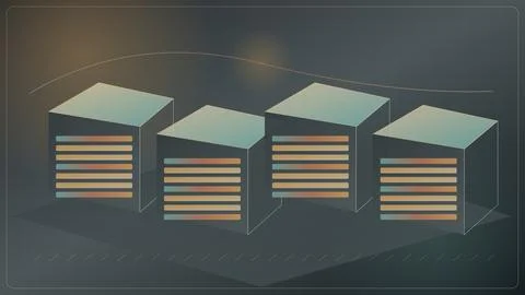 Four interconnected data storage servers with glowing orange lines on dark .. Stock Illustration