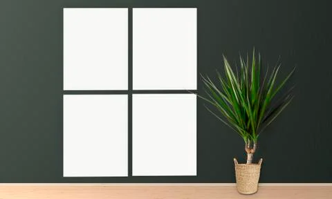 Four Interior vertical rectangular poster mockups with plant and decorations  Stock Photos