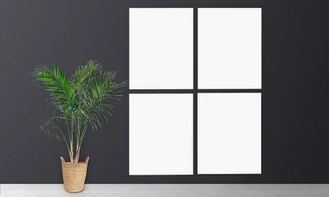 Four Interior vertical rectangular poster mockups with plant and decorations  Stock Photos