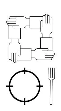 Four interlinked hands in a square, representing unity and teamwork, next to  Stock Illustration