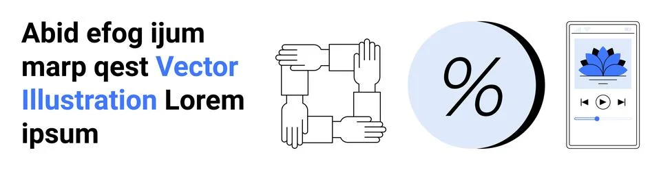 Four interlocking hands symbolizing teamwork, a large percentage symbol repre 스톡 일러스트