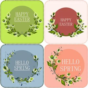 Four isolated Happy Easter holiday and Hello spring vector greeting cards Illustrazione stock