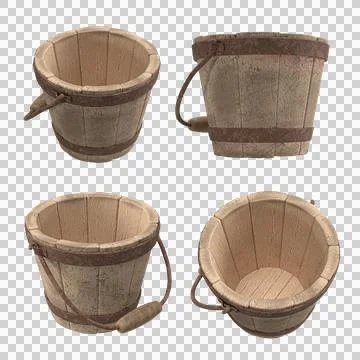 Four isolated old wooden buckets Stock Illustration