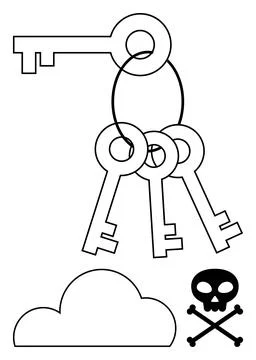 Four keys on a ring, one separate cloud, and a skull and crossbones. Ideal fo イラスト素材