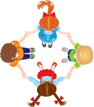 Four kids joining hands to form a circle, isolated on white background Stock Illustration