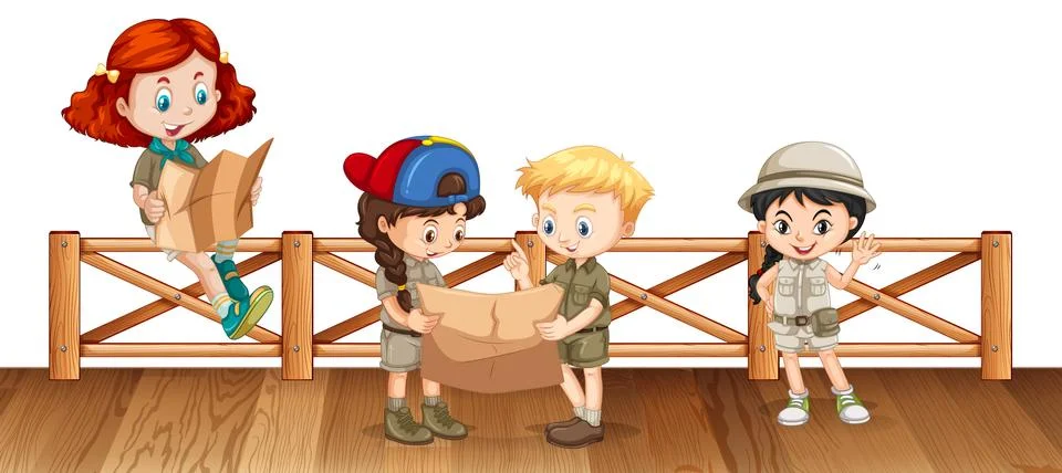 Four kids reading map on the bridge Stock Illustration