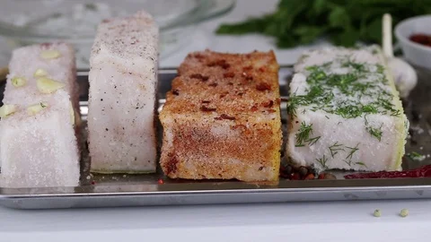 Four kinds of different salty bacon Stock Footage 121784451